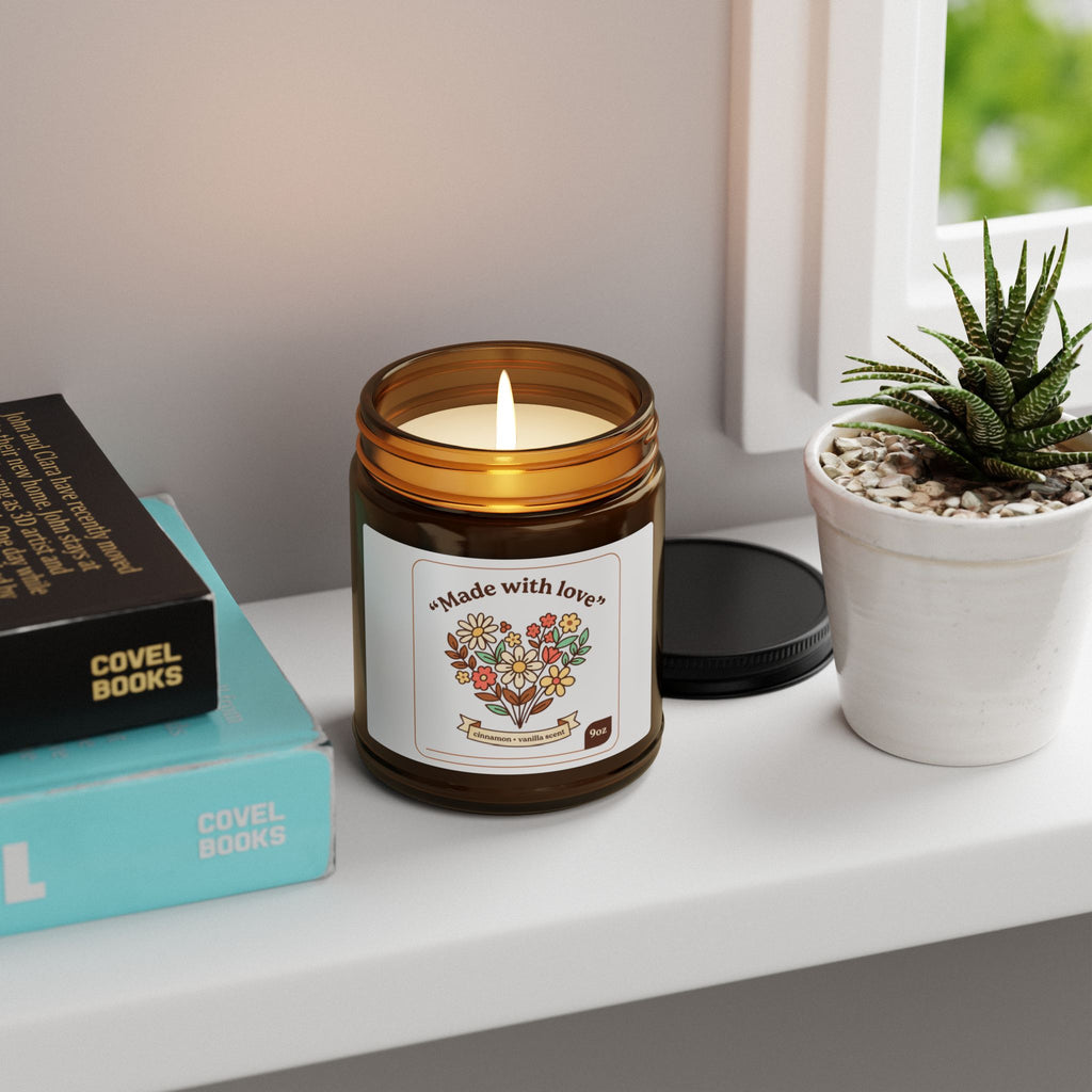 Soy Candle — "Made with Love" Floral Amber Jar (Multiple Sizes)
