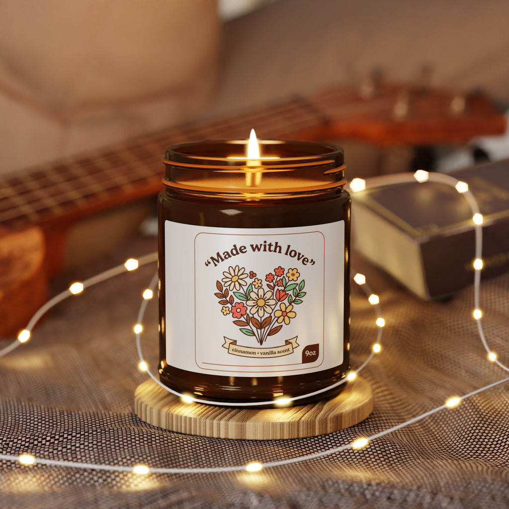 Soy Candle — "Made with Love" Floral Amber Jar (Multiple Sizes)